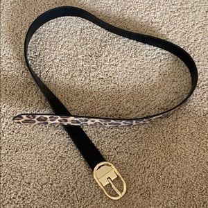 Reversible black and leopard belt